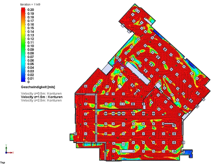 CFD: air velocity field on a car park plan