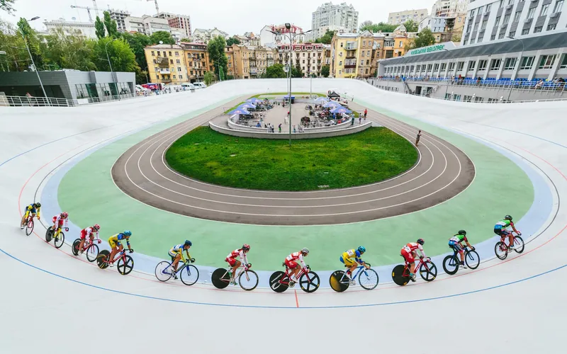 Cyclists racing at the Kyiv Velodrome
